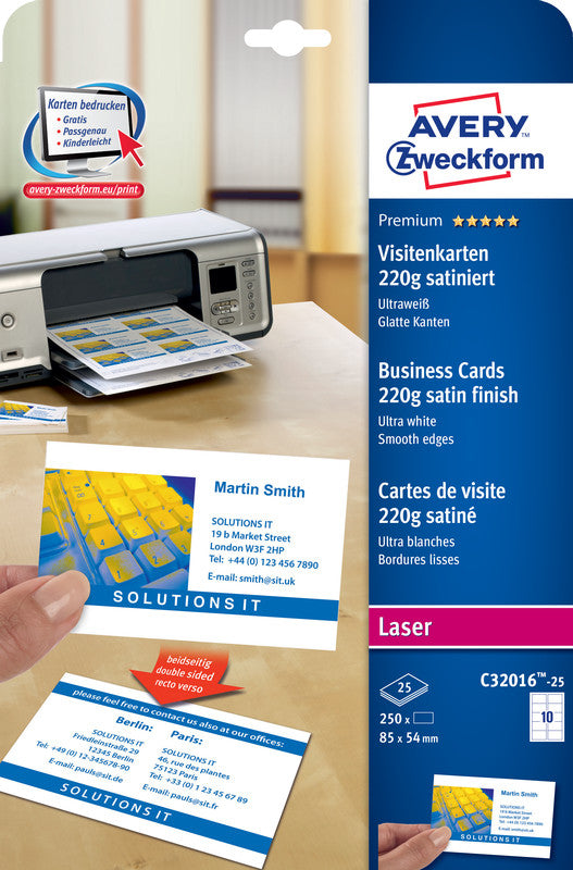 Avery Visitenkarten, 85 × 54 mm – A4, 10 pro Blatt – 250 Karten – FSC-zertifiziert, beidseitig bedruckbar