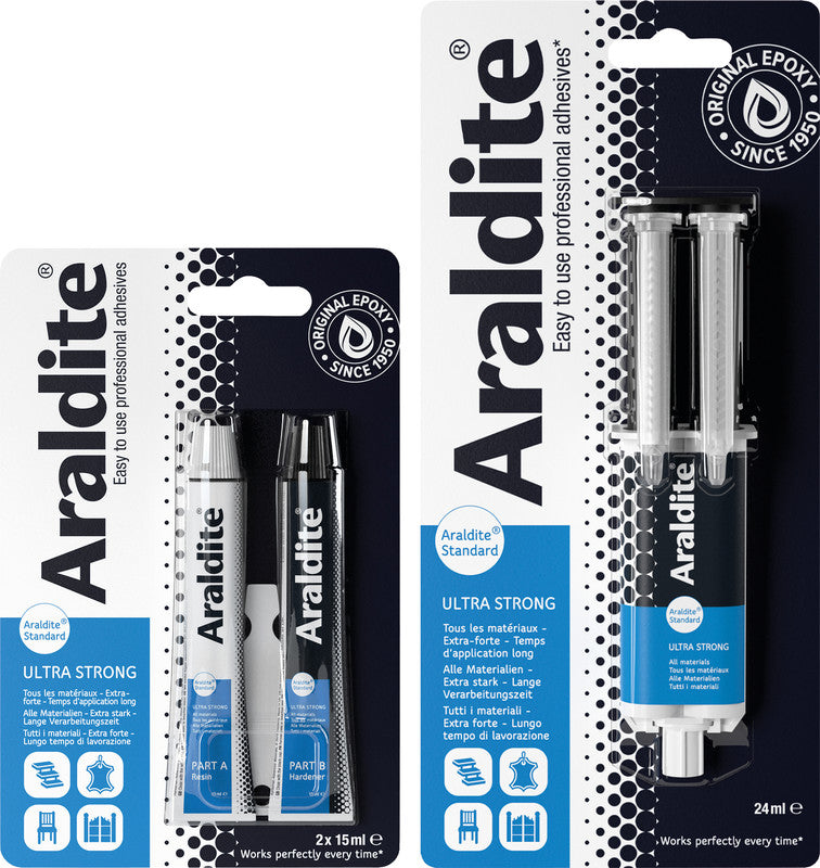 Go-Araldite Araldite Standard 2K-Kleber – lösungsmittelfrei, wasserfest, für Metall, Holz, Glas, 2×15 ml, −30 bis +65 °C