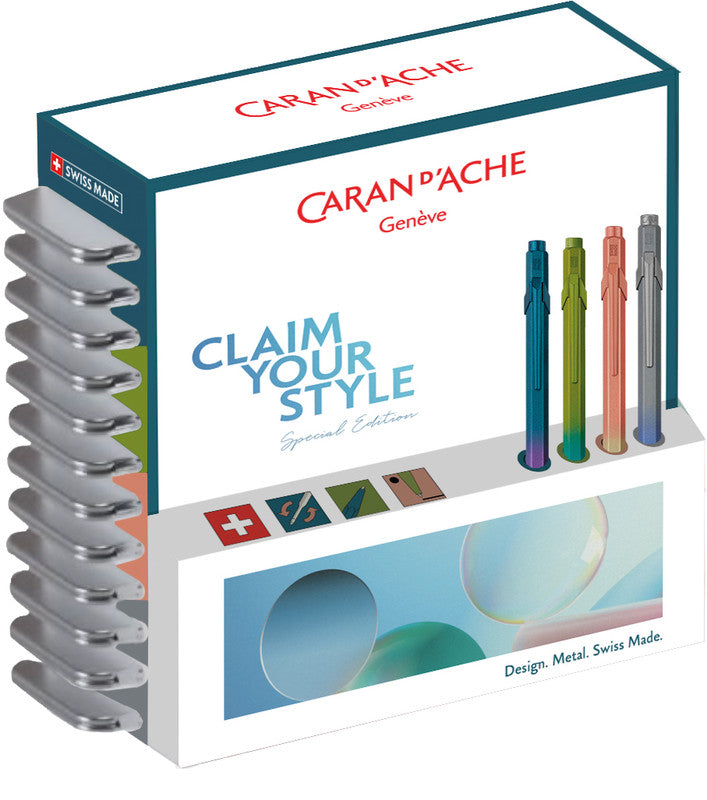 Caran d-Ache Kugelschreiber – 4 Farben (Meerviolett, Arktisgrün, Sonnenstein Rosa, Sturmblau), Aluminium