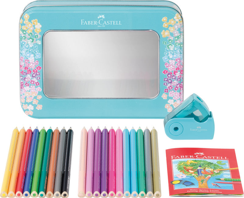 Faber-Castell Aquarellfarbstifte Grip Sparkle – 20 Farben, im Metalletui, mit Spitzer, Ø 3 mm, dreikantig, FSC