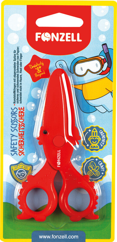 Fonzell Kinderschere – 11,5 cm, Kunststoff, für Rechts- und Linkshänder, abgerundet, Rot