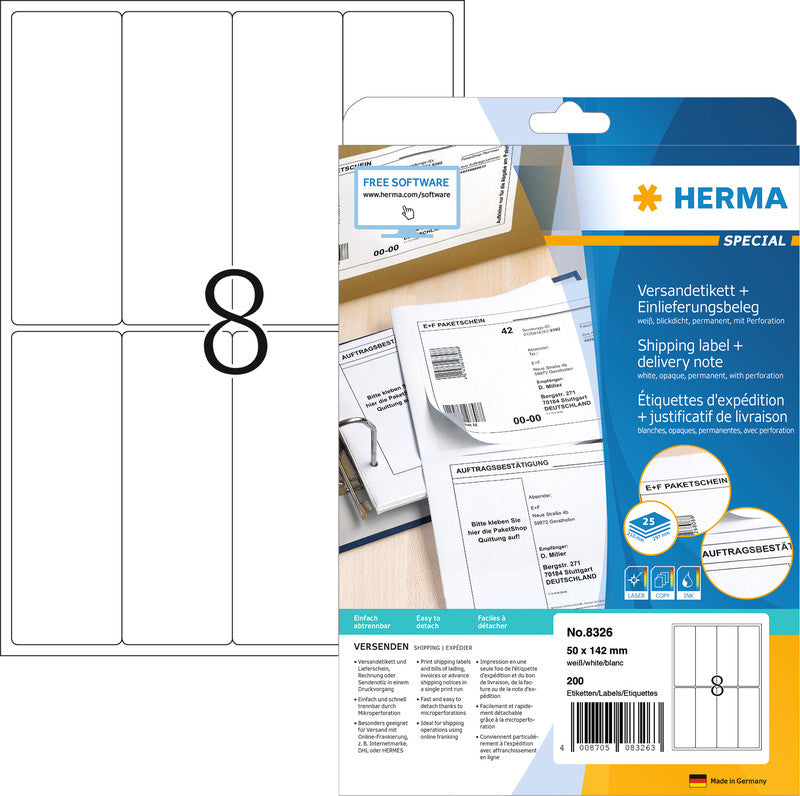 HERMA Drucketiketten, 50 mm × 142 mm, weiss, Papier, permanent, 200 Etiketten (25 Blatt)