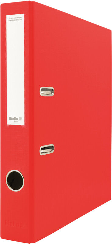 Biella Ordner – A4 hoch – 2-Ring Hebelmechanik, Rücken 40 mm – rot, mit Niederhalter, mit Griffloch, FSC