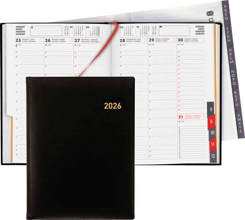Biella Orario Agenda – 1 Woche/2 Seiten, gebunden, 17,8 × 23,5 cm, 2026, schwarz, FSC