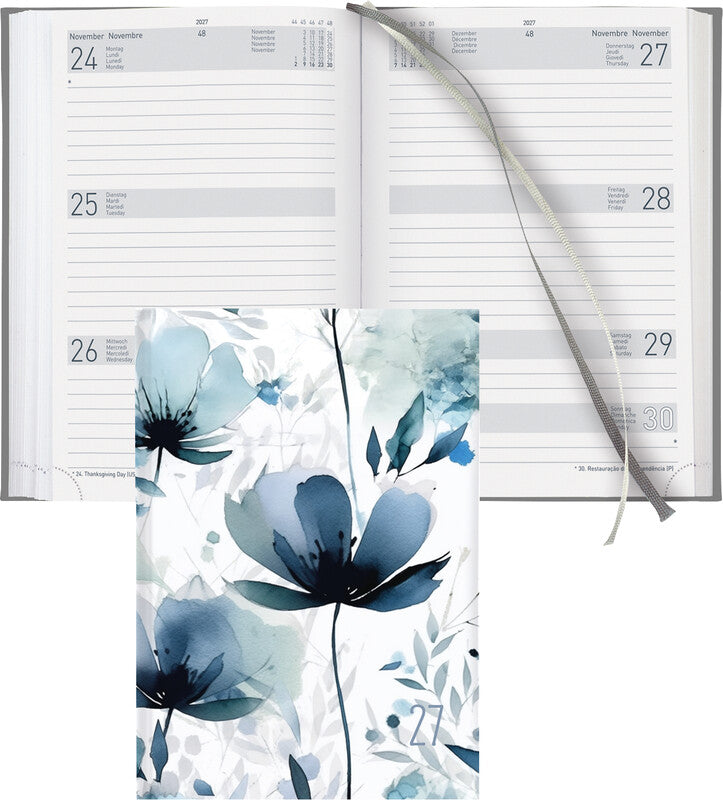 Biella Dispo Term Trend Agenda – 1 Woche/2 Seiten, gebunden, 14,5 × 20,5 cm, 2027, Blue Flower, FSC