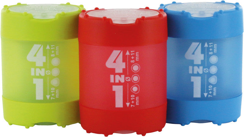 KUM Spitzer – manuell, 2-Loch, mit Behälter, für Blei- & Buntstifte 7–11 mm, Kunststoff, assortiert, 4 in 1