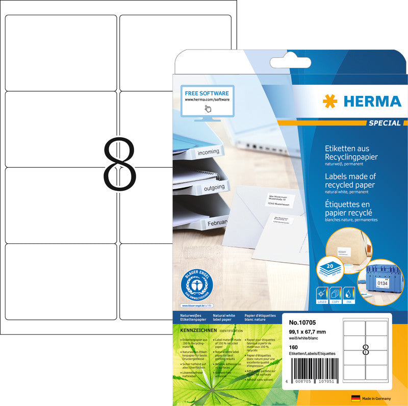 HERMA Drucketiketten, 99 mm × 68 mm, naturweiss, Altpapier, permanent, 20 Blatt (160 Etiketten)