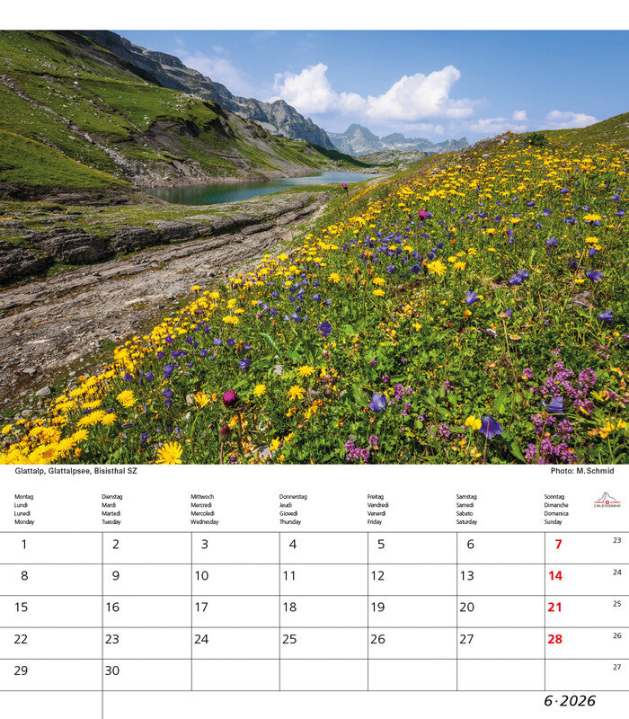 Calendaria Bildkalender Schweiz 2026 – 21 × 24 cm – mit Tagesfeldern, mit Aufhänger
