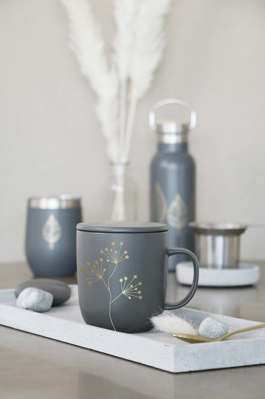 Ppd Pure Tasse – 0,35 l, New Bone China, grau, Deckel, rostfreies Teesieb
