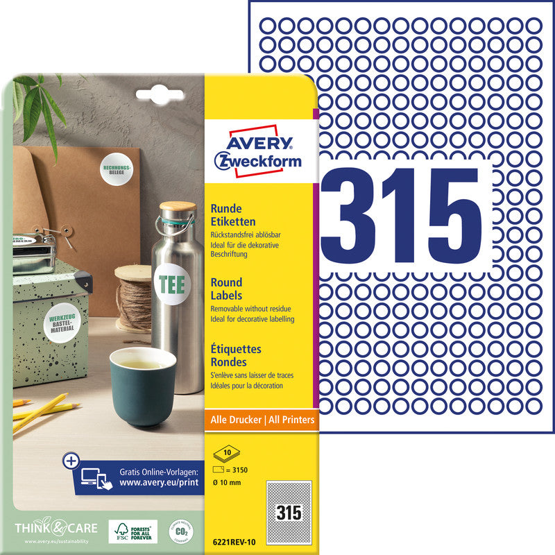 Avery Druckeretiketten, Ø 40 mm, weiss, Papier, wiederablösbar, 10 Blatt (240 Etiketten)
