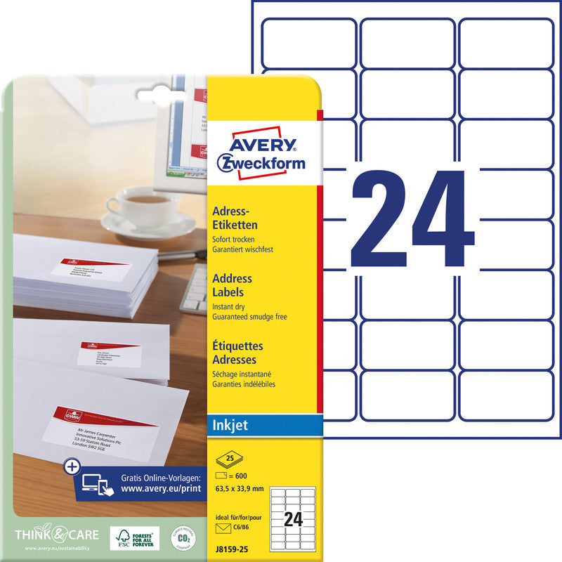 Avery Druckeretiketten, 64 mm × 34 mm, weiss, Papier, permanent, 25 Blatt (600 Etiketten)