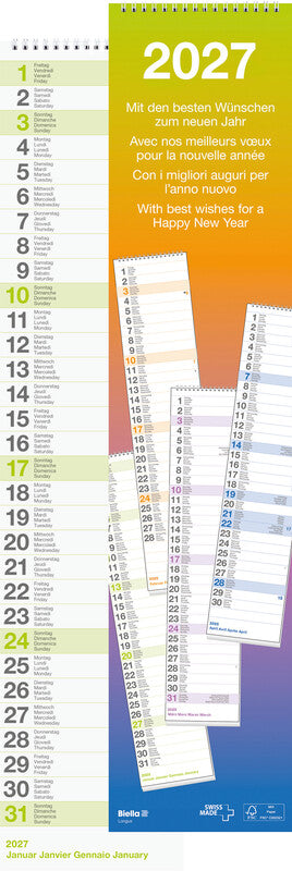 Biella Wandkalender Longus – viersprachig d/f/i/gb – 2027 – Spiralbindung – 12 × 54,5 cm