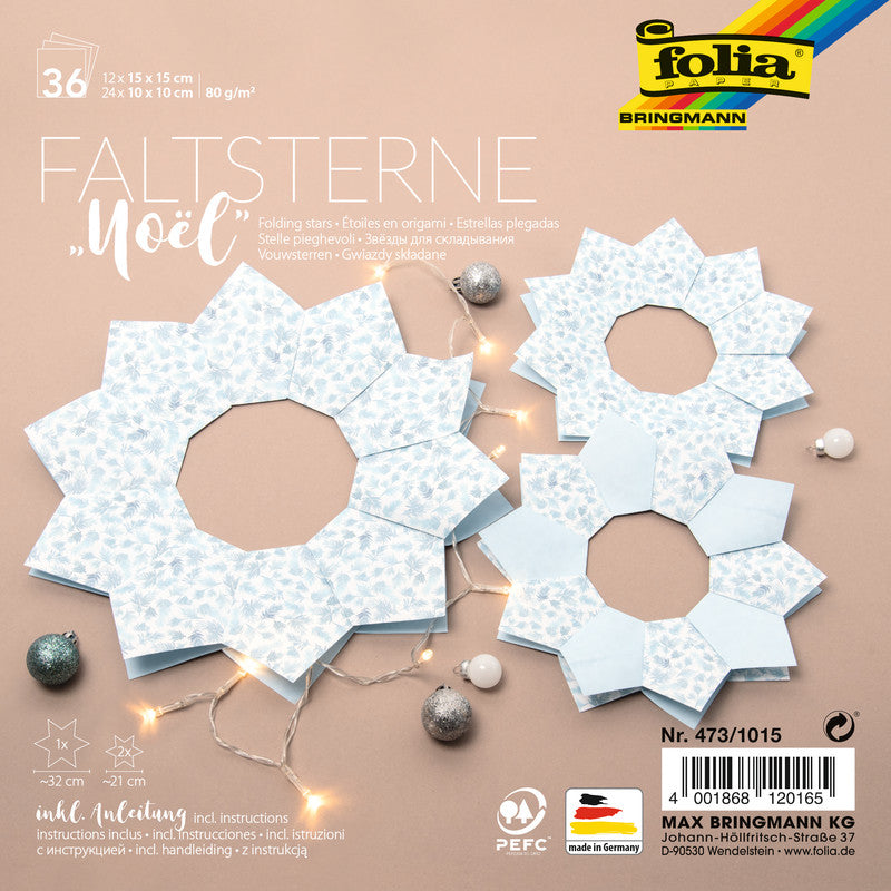 Folia Faltsterne-Set Noël – 12 Blatt 150 × 150 mm, 24 Blatt 100 × 100 mm