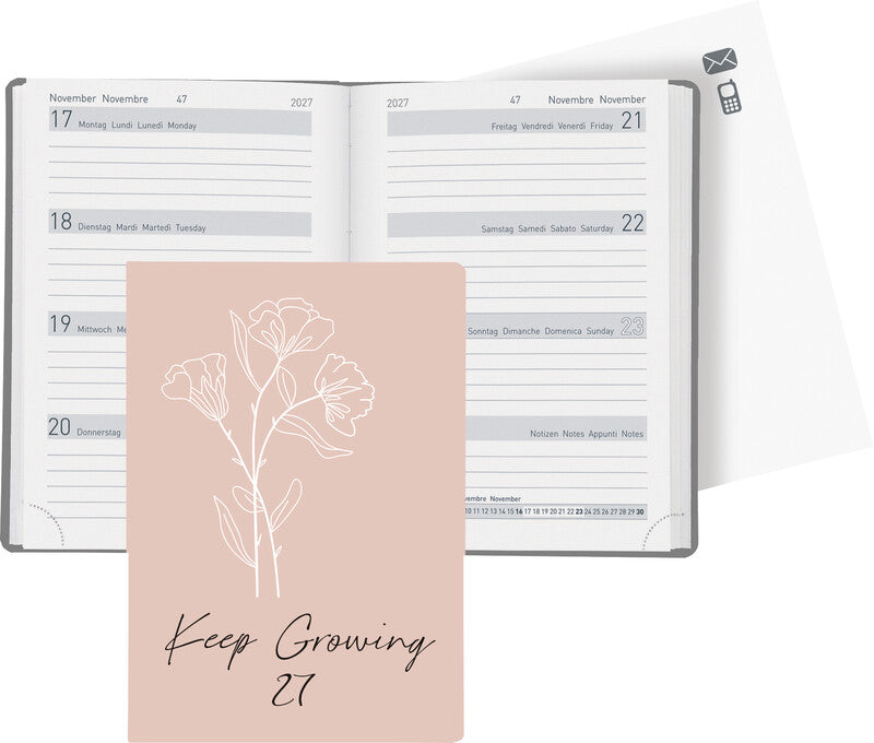 Biella Memento Trend Agenda – 1 Woche/2 Seiten, gebunden, 10,1 × 14,2 cm, 2027, Growing, FSC