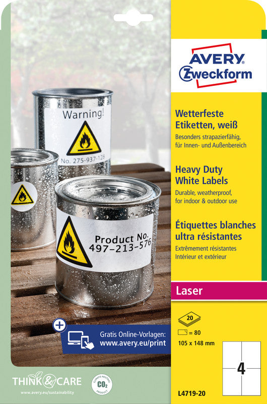 Avery Druckeretiketten, 105 mm × 148 mm, weiss, Folie, extra stark, 20 Blätter (80 Etiketten)