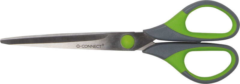 Q-connect Universalschere – 17,5 cm, Edelstahl, für Rechts- und Linkshänder, spitz, Softgrip, Kunststoff, grün