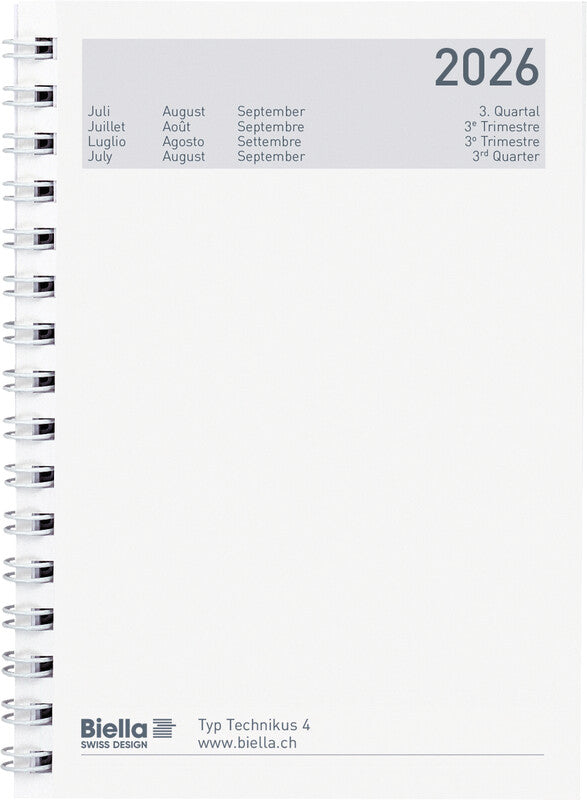 Biella Technikus 4 Agenda – 1 Tag pro Seite, Spiralbindung, 10,1 × 14,2 cm, 2026, 1-h-Takt, Schwarz, FSC