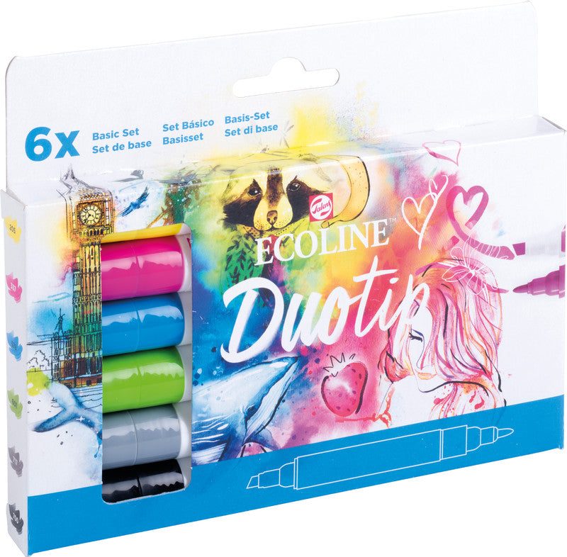 Ecoline Non-Permanent-Marker Duotip – Keilspitze 6 mm, Rundspitze 1-2 mm – sortiert – 6er-Set – wasservermalbar