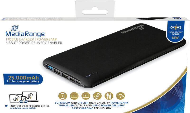 MediaRange Powerbank 25000 mAh, PD 22,5 W, 1× USB-C, 3× USB-A, Quick Charge 3.0, Schwarz