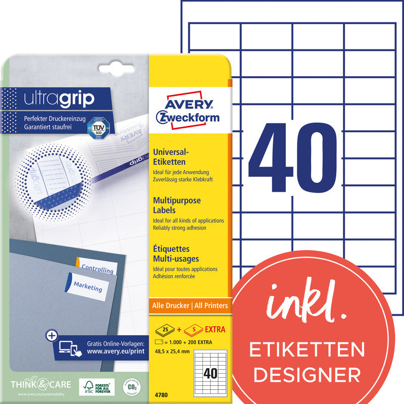 Avery Universal Ultragrip Bogenetiketten, 49 mm × 25 mm, Weiss, Papier, Permanent, 30 Blätter (1'200 Etiketten)