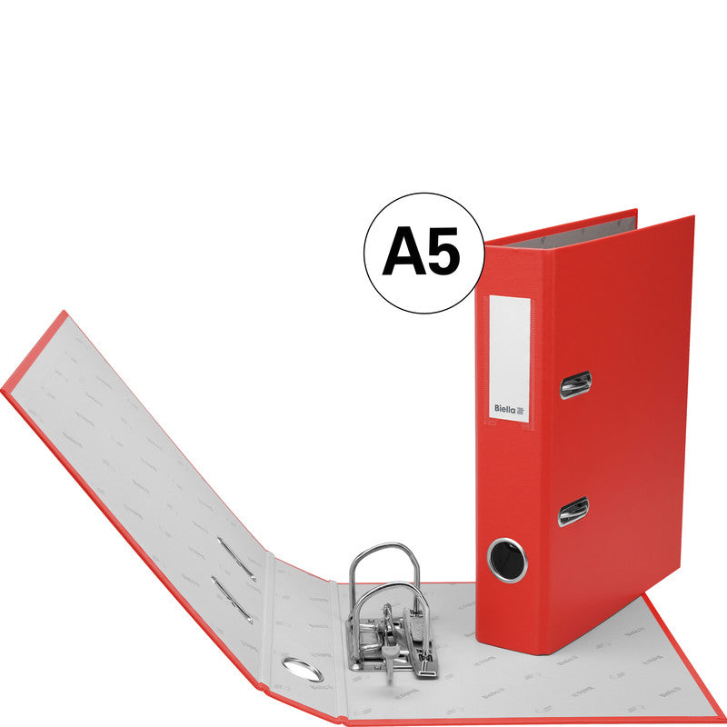 Biella Ordner – A5 hoch – 2-Ring Hebelmechanik, Rücken 40 mm – rot, mit Griffloch, mit Niederhalter, FSC
