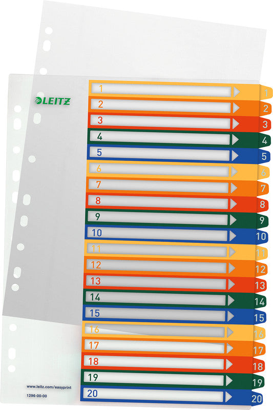 Leitz Register – A4, 20-teilig, PP, farbig, vorgedruckt, 11-fach Lochung, für Zeigebuchtaschen
