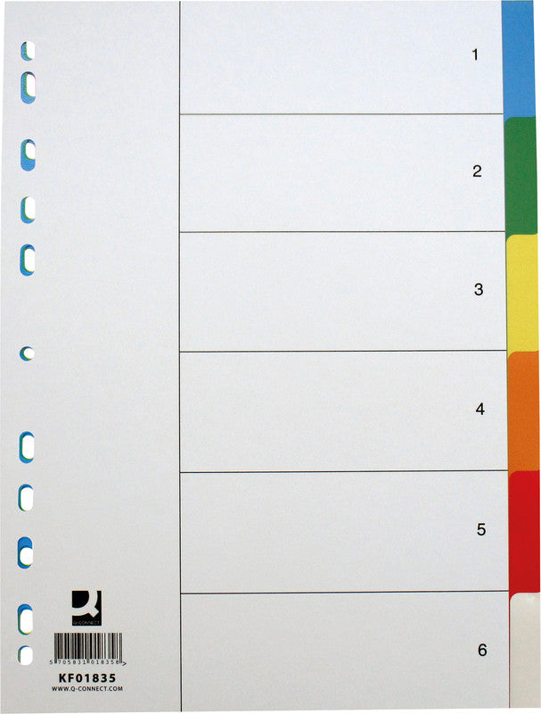 Q-Connect Register – für A4, Kunststoff, blanko, 6-teilig, mehrfarbig, 11-fach