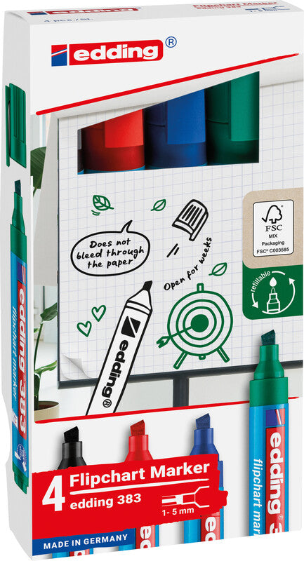 Edding Flipchart-Marker 383 – Keilspitze 1-5 mm – Sortiert – 4er-Set – Nachfüllbar