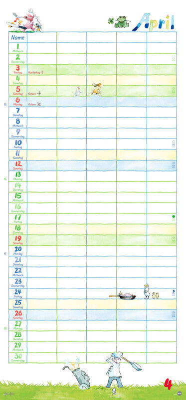 Heye Familienplaner Helme Heine – für Familien – 5 Spalten – Deutsch – 2026 – Spiralbindung – 21 × 45 cm