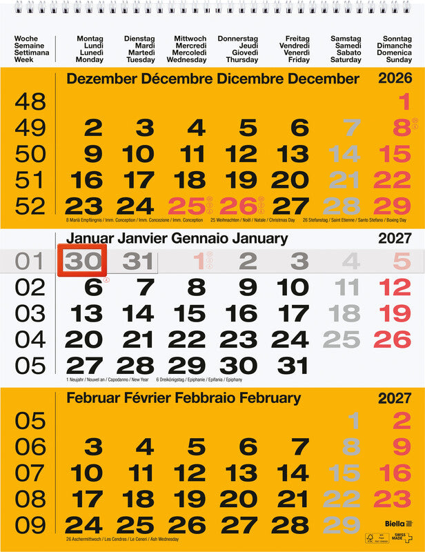 Biella 3-Monats-Kalender – 3 Monate pro Blatt – viersprachig D/F/I/GB – 2027 – Datumsschieber – 31 × 40 cm