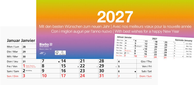Biella Abreisskalender 1 Monat pro Blatt – viersprachig D/F/I/GB – 2027 – 24 × 9 cm
