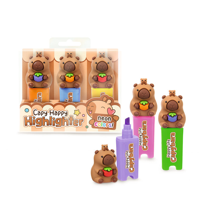 Trendhaus Capybara Happy Life Textmarker Set 3 Farben – Keilspitze, 4 mm