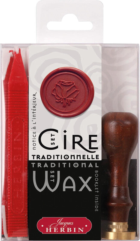 Herbin Siegelwachs-Starterset – Rose – Ø 2,4 cm – 2 Wachsstangen, 1 Holzgriff, 1 Siegel – Rot