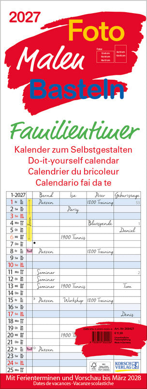 Korsch Familienplaner – für Familien – 4 Spalten – 2027 – 19 × 52 cm