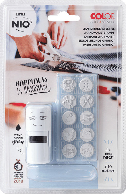 Colop Little NIO Rundstempel – handgemacht, selbstfärbend, 10 Motive, Ø 17 mm, graues Kissen, Englisch