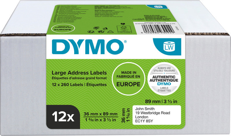 DYMO Adress-Etiketten, 89 mm × 36 mm, weiss, Papier, permanent, für LabelWriter u. a., 12 × 260 St.