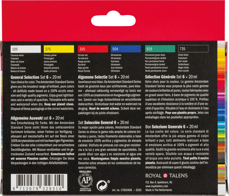 Royal Talens Amsterdam – Acryl Standard – Acrylfarbe – Set – 6 Farben, 6 × 20 ml