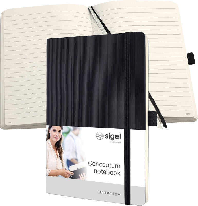 Sigel Notizbuch A5, liniert, Fadenheftung, Softcover, 194 Seiten, 80 g/m² – schwarz