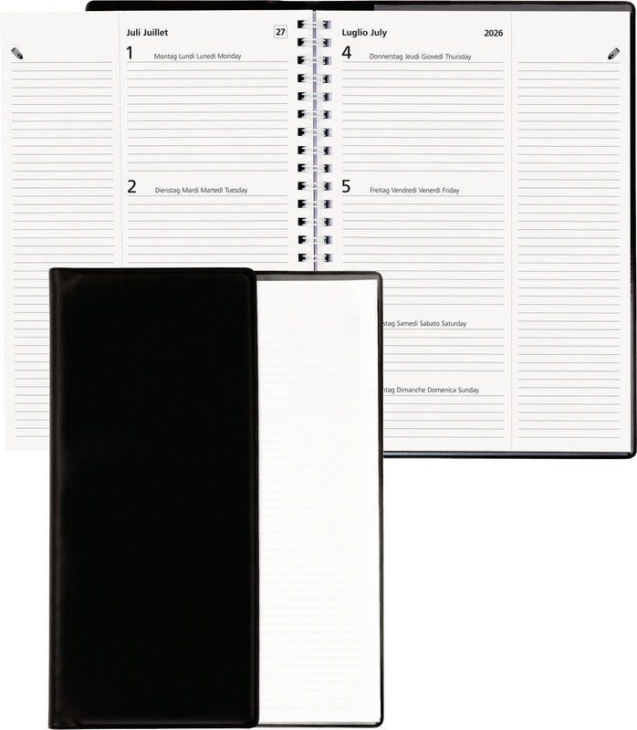 Biella Poly Table Geschäftsagenda – 1 Woche/2 Seiten, Spiralbindung, 14,8 × 20,8 cm, 2026, mehrsprachig, FSC