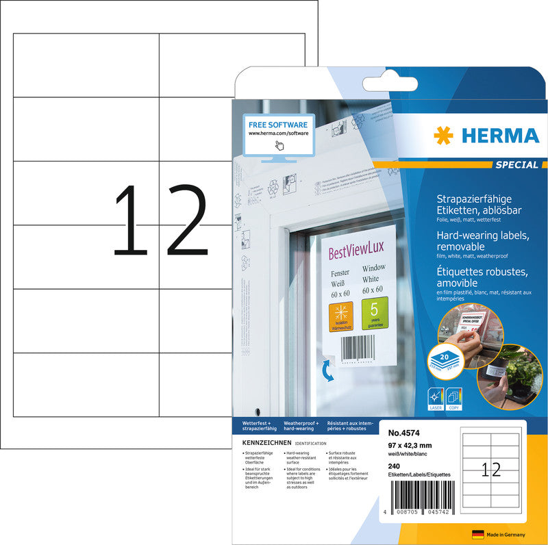 Herma – Druckeretiketten, 97 mm × 42 mm, weiss, Folie, extra stark, 20 Blatt (240 Etiketten)