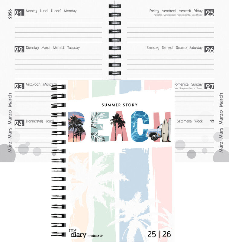 Biella mydiary Schüleragenda – 1 Woche/2 Seiten, Wire-O, 12 × 16,5 cm, Aug–Jul, Summer, FSC