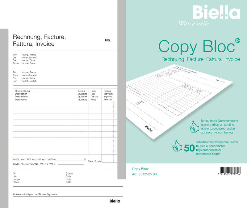 Biella Formularblock – Rechnung, mehrsprachig, 50 Blatt, A5
