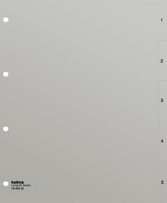 Kolma LongLife XL Register – Vollformat, 5-teilig, PVC, Grau, vorgedruckt, Indexblatt, 4-fach Lochung