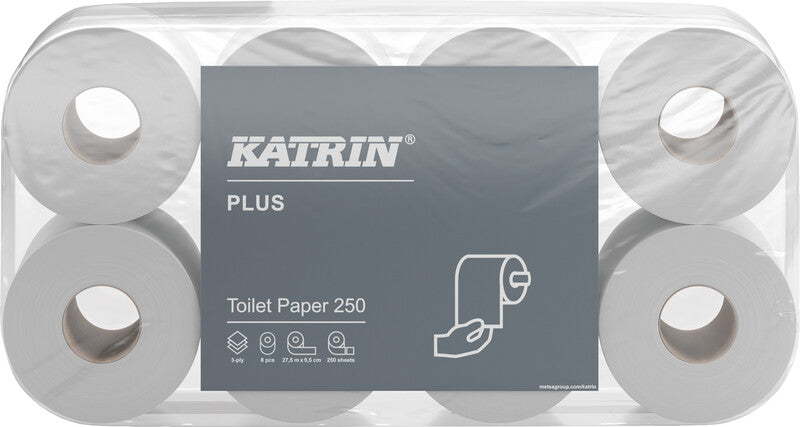 Katrin Plus Toilettenpapier – 3-lagig, weiss, 500 Blatt/Rolle, 95 × 110 mm – 8 Rollen