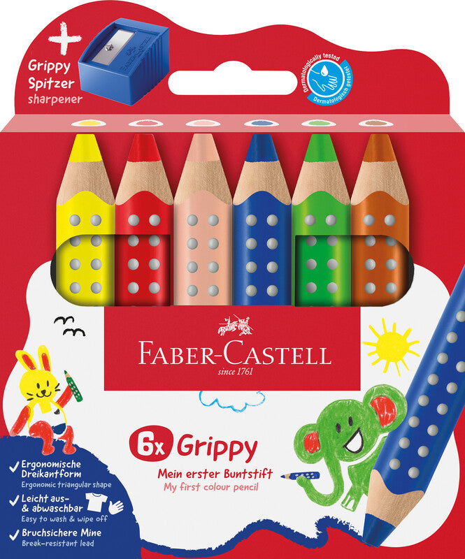 Faber-Castell 3-in-1 Farbstifte Grippy – 6 Farben, im Kartonetui, mit Spitzer, Ø 3 mm, dreikantig
