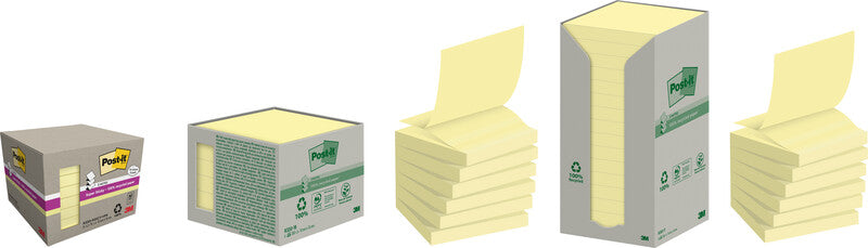 Post-it Recycling Tower Haftnotizen – 76×76 mm – Gelb, 16×100 Blatt, PEFC