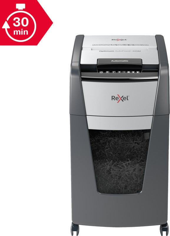 Rexel Optimum AutoFeed+ 225M – Aktenvernichter mit Autofeed 225 Blatt, DIN P-5, Mikroschnitt 2 × 15 mm, 60 l