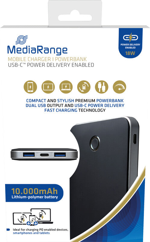MediaRange Powerbank 10000 mAh, PD 22,5 W, 2× USB-A, 1× USB-C, Schwarz