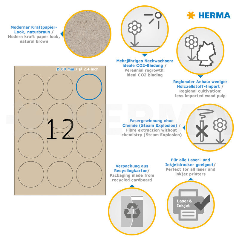 HERMA Druckeretiketten, Ø 60 mm, braun, Papier, permanent, 20 Blätter (240 Etiketten)