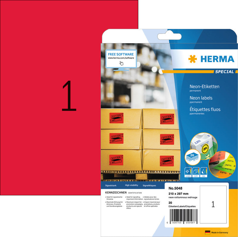 HERMA Etiketten, 210 mm × 297 mm, neonrot, Papier, permanent, 20 Blatt